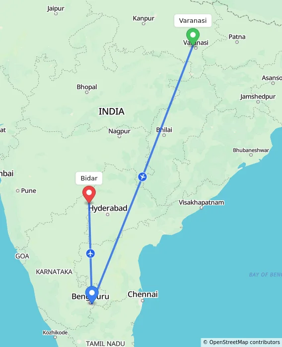 Route map showing distance and travel time from Varanasi, India to Bidar, India
