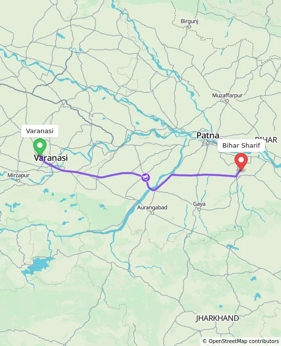Route map showing distance and travel time from Varanasi, India to Bihar Sharif, India
