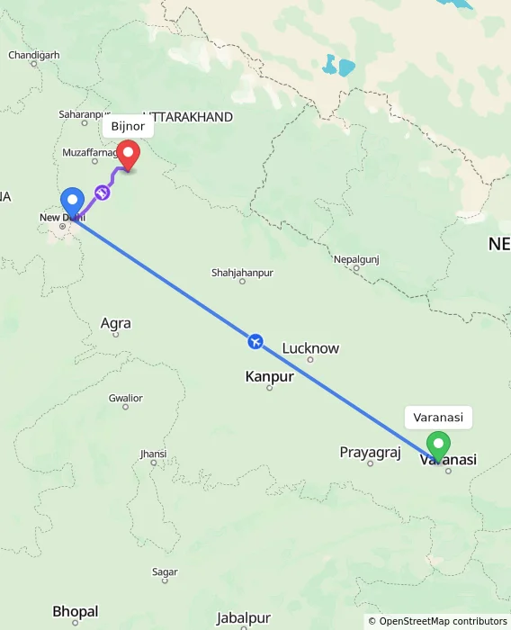 Route map showing distance and travel time from Varanasi, India to Bijnor, India