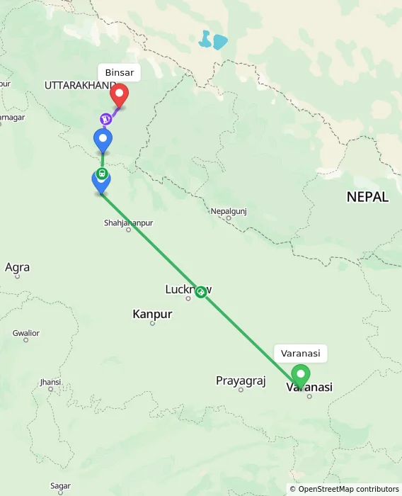Route map showing distance and travel time from Varanasi, India to Binsar, India