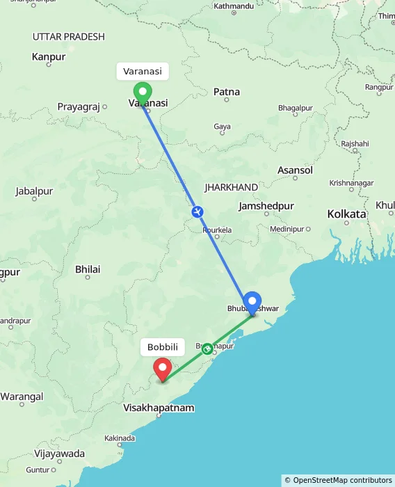 Route map showing distance and travel time from Varanasi, India to Bobbili, India