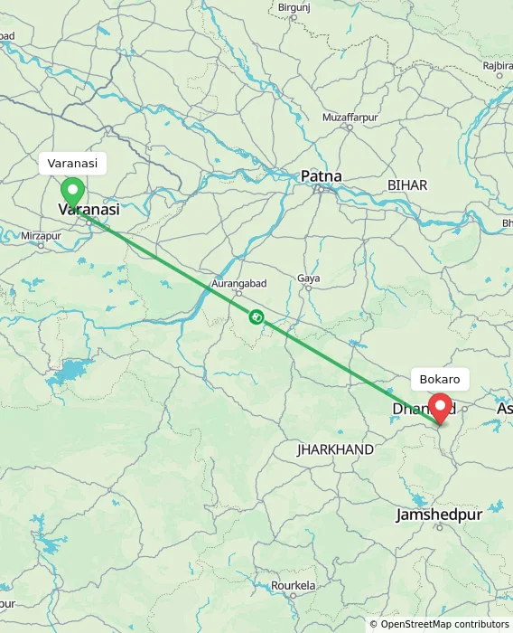 Route map showing distance and travel time from Varanasi, India to Bokaro, India