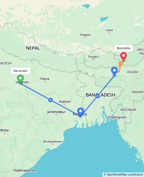 Route map showing distance and travel time from Varanasi, India to Bomdila, India