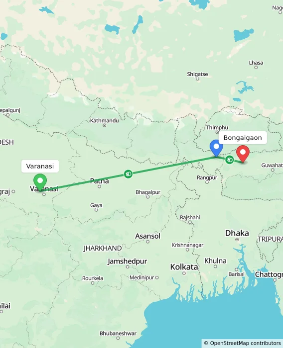 Route map showing distance and travel time from Varanasi, India to Bongaigaon, India
