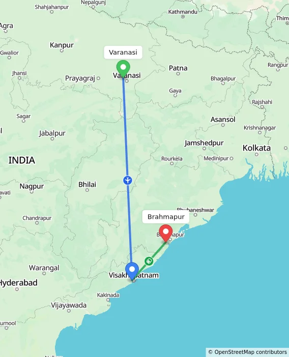 Route map showing distance and travel time from Varanasi, India to Brahmapur, India