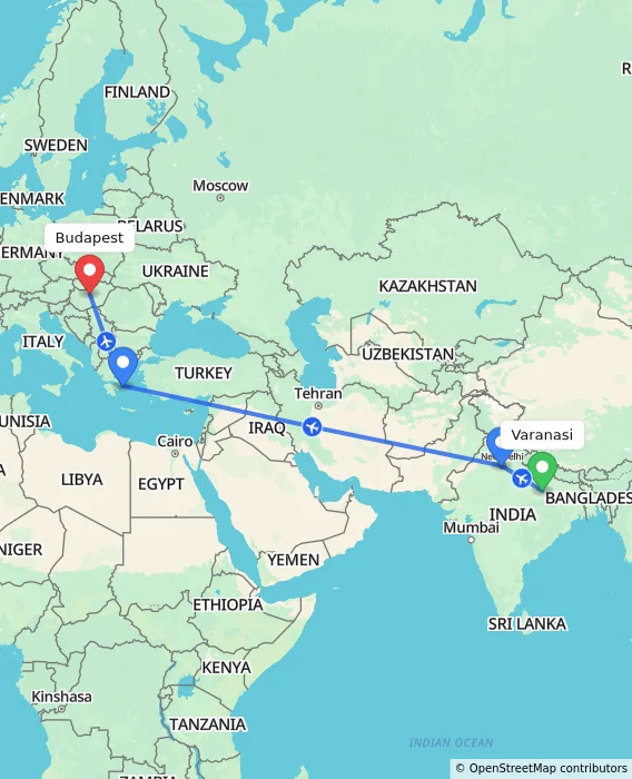 Route map showing distance and travel time from Varanasi, India to Budapest, Hungary