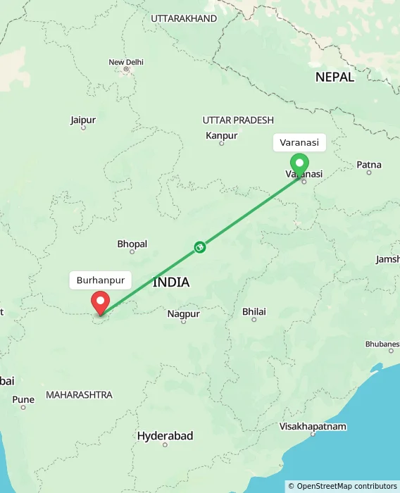 Route map showing distance and travel time from Varanasi, India to Burhanpur, India