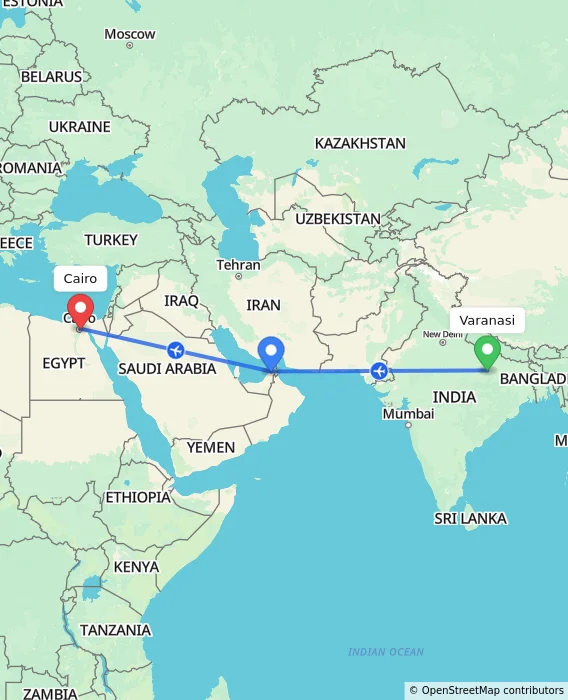 Route map showing distance and travel time from Varanasi, India to Cairo, Egypt