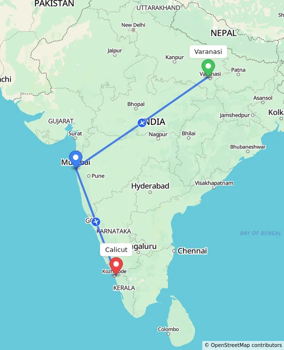 Route map showing distance and travel time from Varanasi, India to Calicut, India