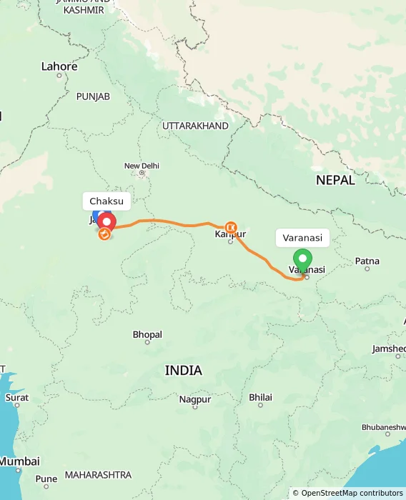 Route map showing distance and travel time from Varanasi, India to Chaksu, India