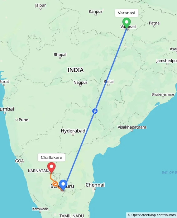 Route map showing distance and travel time from Varanasi, India to Challakere, India