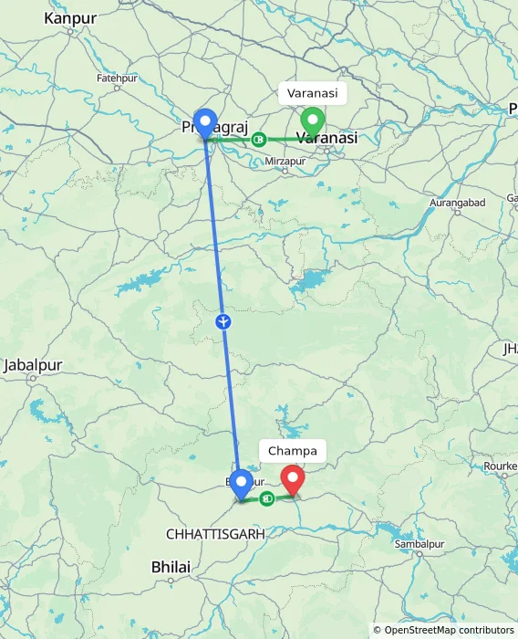 Route map showing distance and travel time from Varanasi, India to Champa, India