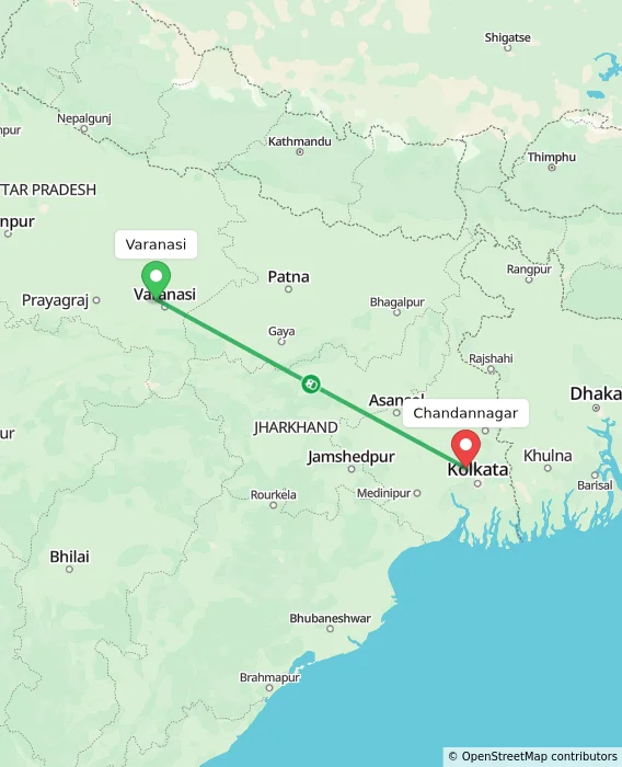 Route map showing distance and travel time from Varanasi, India to Chandannagar, India