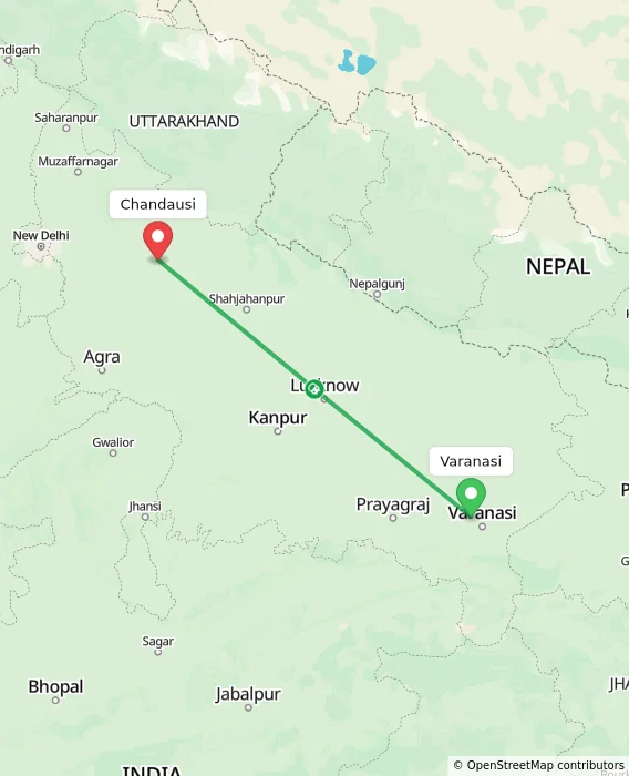 Route map showing distance and travel time from Varanasi, India to Chandausi, India
