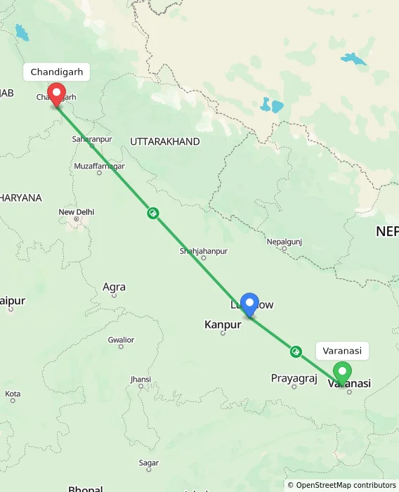 Route map showing distance and travel time from Varanasi, India to Chandigarh, India
