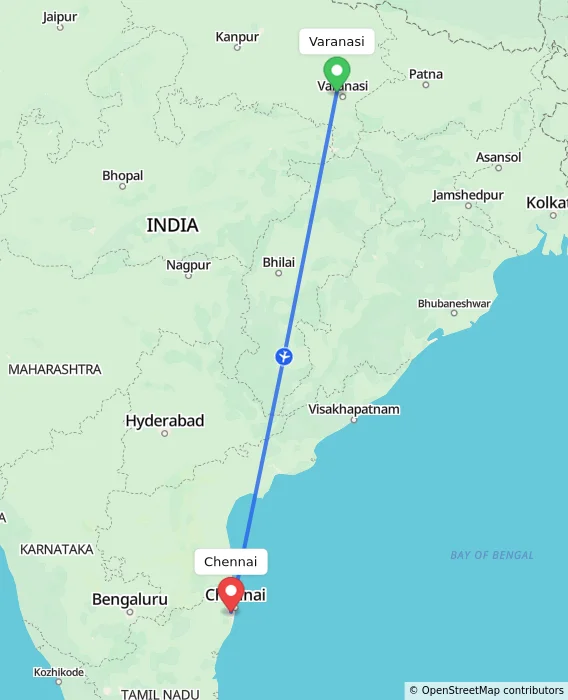 Route map showing distance and travel time from Varanasi, India to Chennai, India