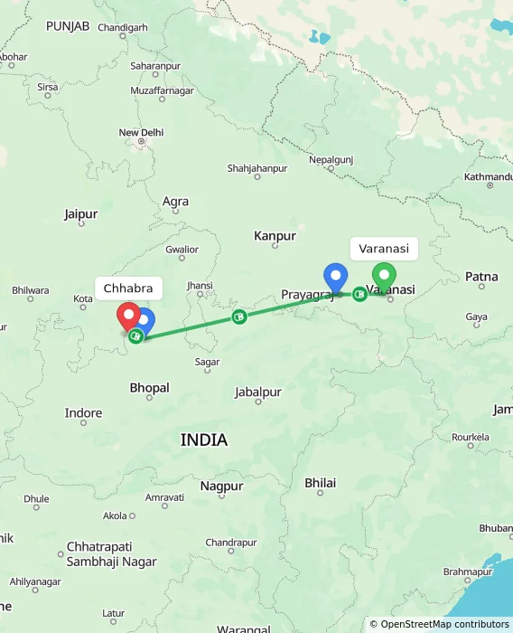 Route map showing distance and travel time from Varanasi, India to Chhabra, India