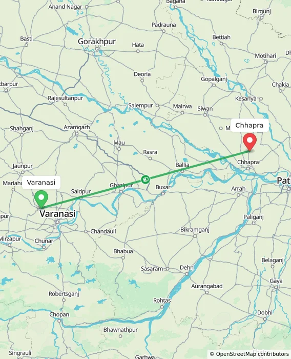 Route map showing distance and travel time from Varanasi, India to Chhapra, India