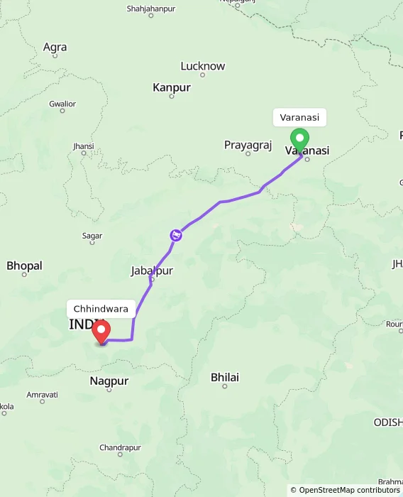 Route map showing distance and travel time from Varanasi, India to Chhindwara, India