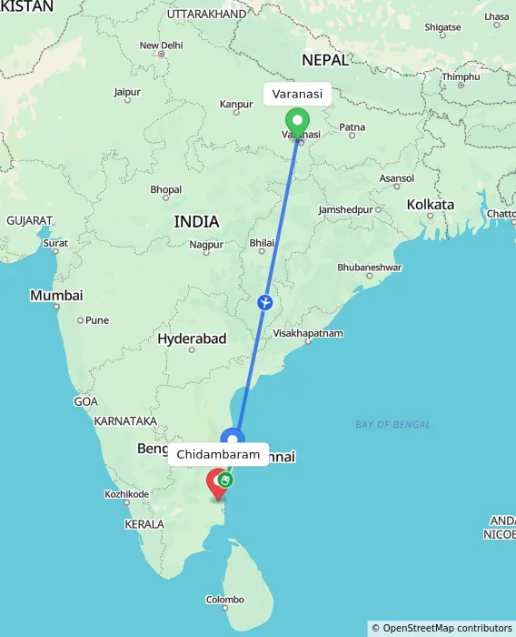 Route map showing distance and travel time from Varanasi, India to Chidambaram, India