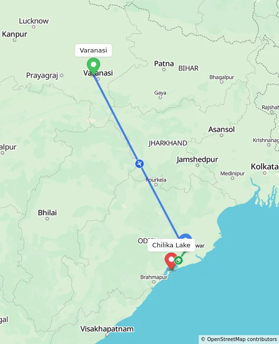 Route map showing distance and travel time from Varanasi, India to Chilika Lake, India