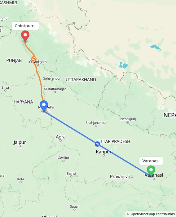Route map showing distance and travel time from Varanasi, India to Chintpurni, India