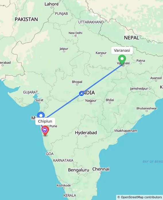 Route map showing distance and travel time from Varanasi, India to Chiplun, India