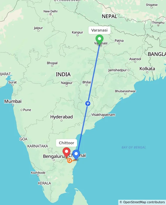 Route map showing distance and travel time from Varanasi, India to Chittoor, India