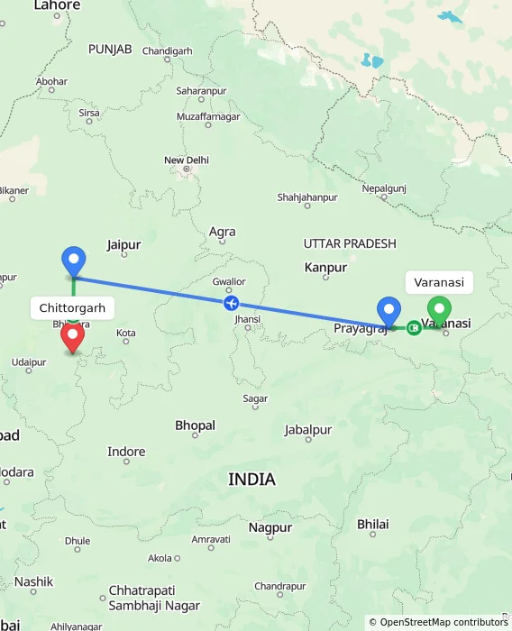 Route map showing distance and travel time from Varanasi, India to Chittorgarh, India
