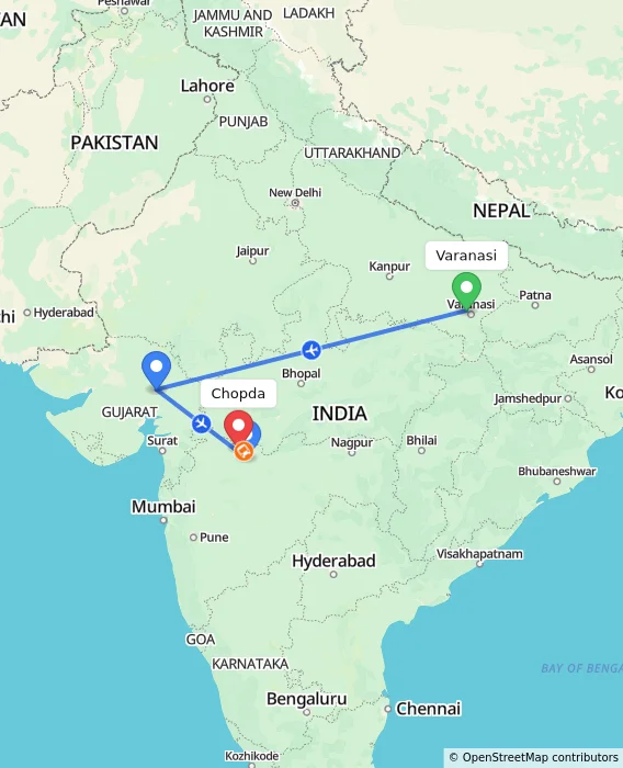 Route map showing distance and travel time from Varanasi, India to Chopda, India