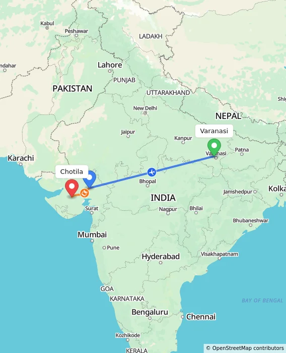 Route map showing distance and travel time from Varanasi, India to Chotila, India