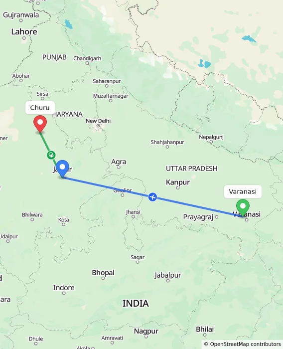 Route map showing distance and travel time from Varanasi, India to Churu, India