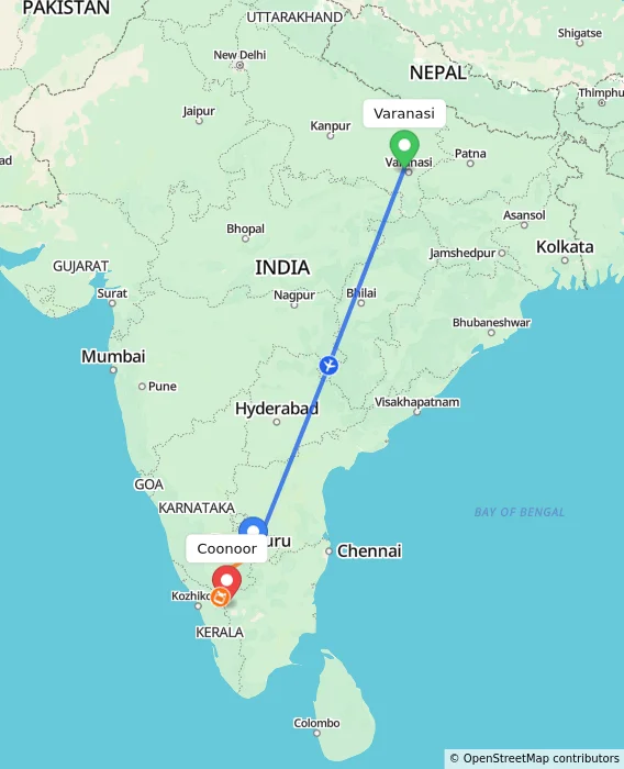 Route map showing distance and travel time from Varanasi, India to Coonoor, India