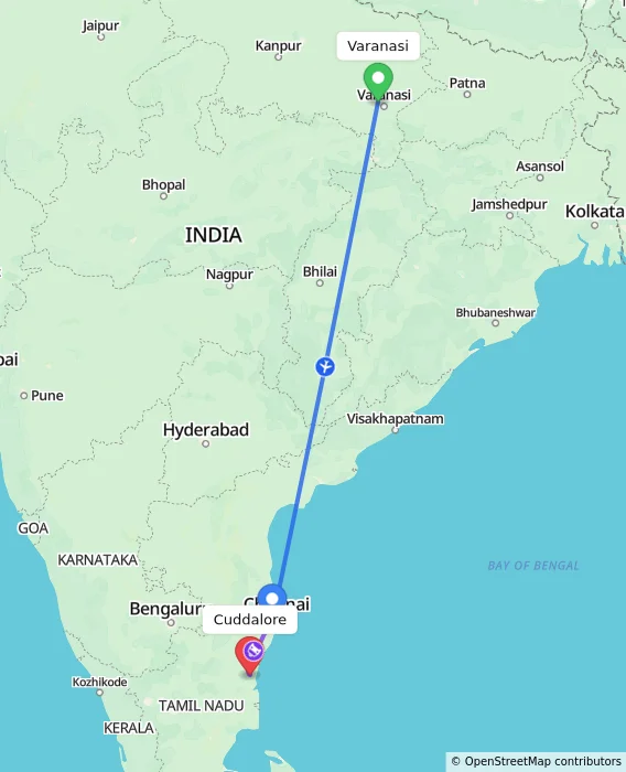 Route map showing distance and travel time from Varanasi, India to Cuddalore, India