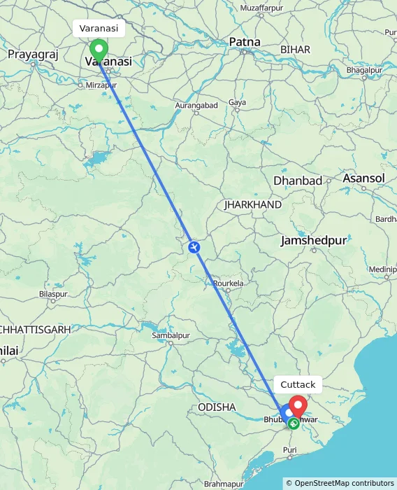 Route map showing distance and travel time from Varanasi, India to Cuttack, India