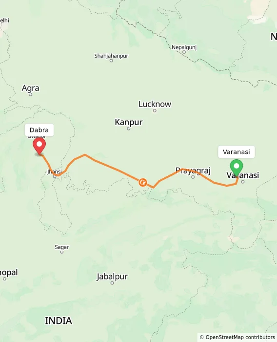 Route map showing distance and travel time from Varanasi, India to Dabra, India