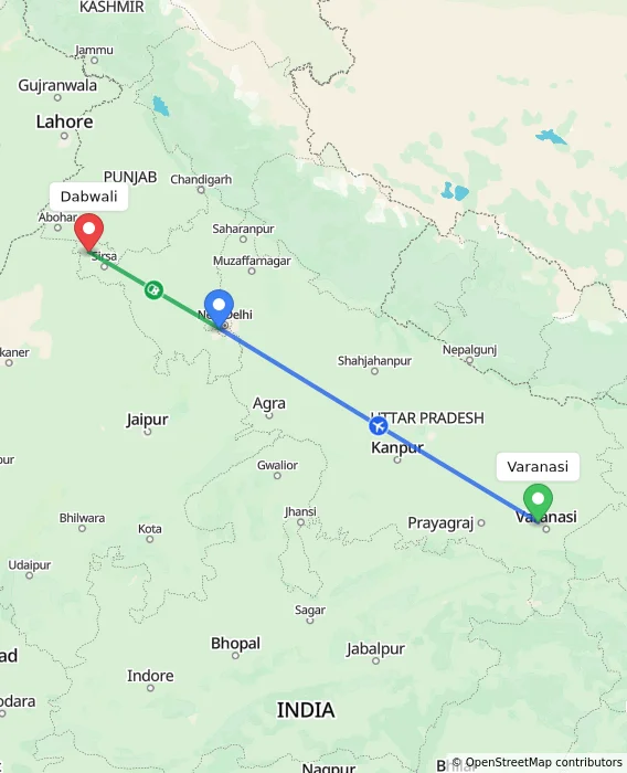 Route map showing distance and travel time from Varanasi, India to Dabwali, India