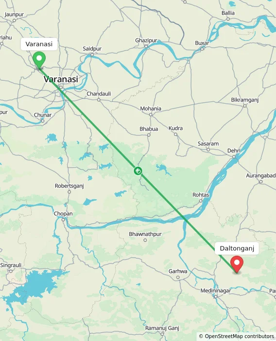 Route map showing distance and travel time from Varanasi, India to Daltonganj, India