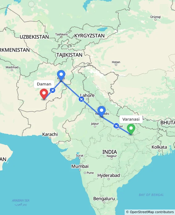 Route map showing distance and travel time from Varanasi, India to Daman, Afghanistan