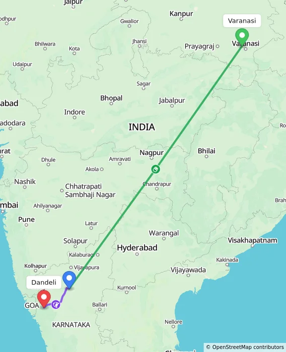 Route map showing distance and travel time from Varanasi, India to Dandeli, India