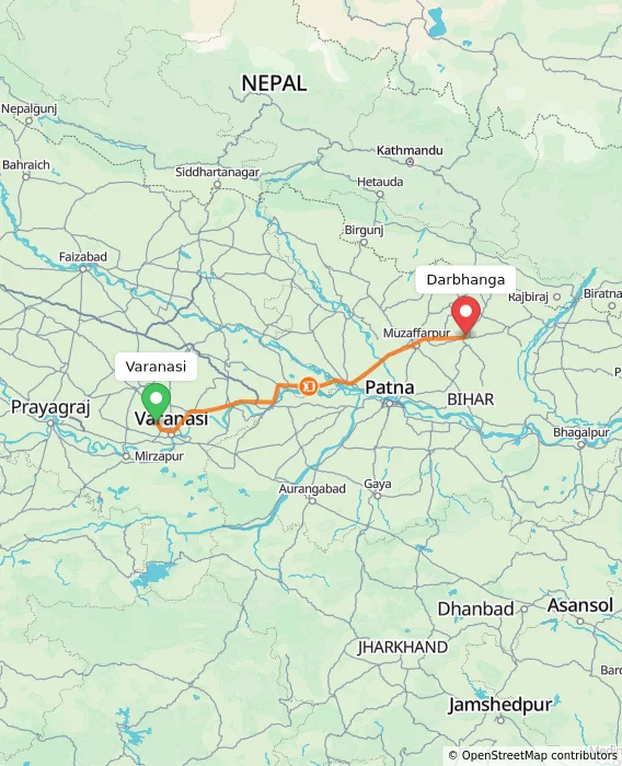 Route map showing distance and travel time from Varanasi, India to Darbhanga, India
