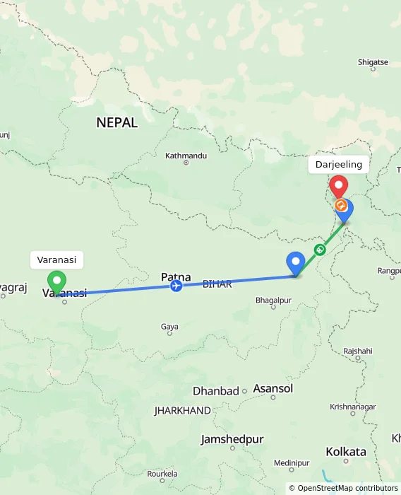 Route map showing distance and travel time from Varanasi, India to Darjeeling, India