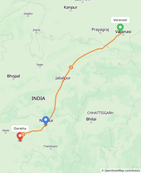 Route map showing distance and travel time from Varanasi, India to Darwha, India