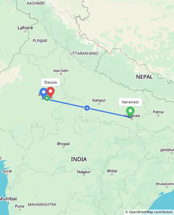 Route map showing distance and travel time from Varanasi, India to Dausa, India