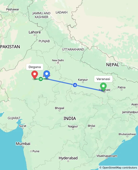 Route map showing distance and travel time from Varanasi, India to Degana, India