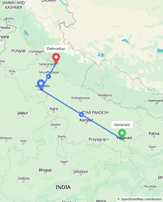 Route map showing distance and travel time from Varanasi, India to Dehradun, India