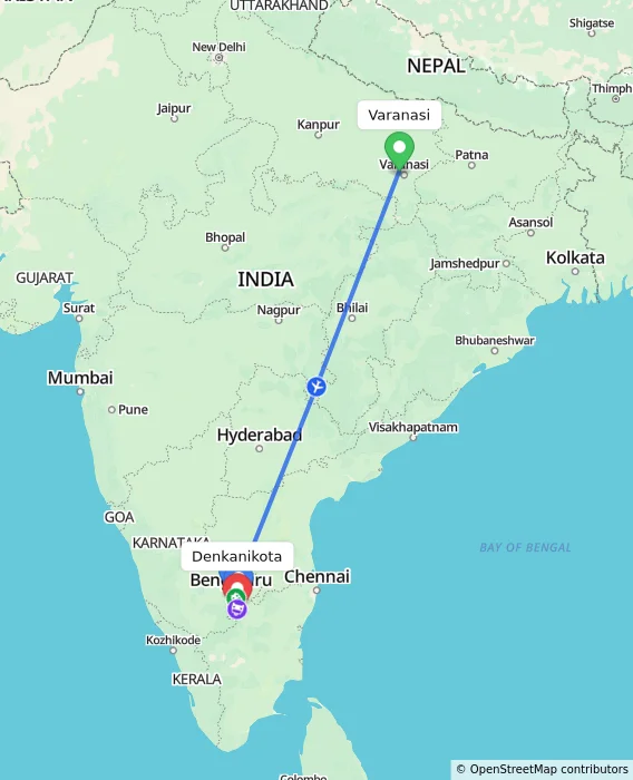 Route map showing distance and travel time from Varanasi, India to Denkanikota, India