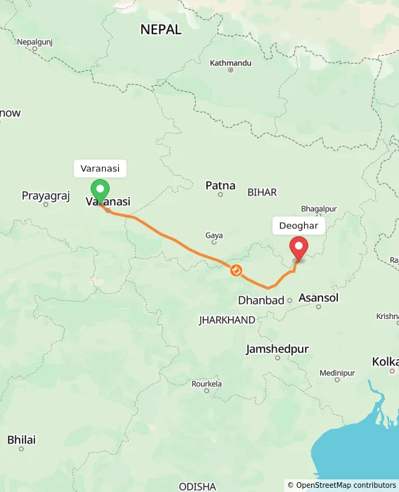 Route map showing distance and travel time from Varanasi, India to Deoghar, India