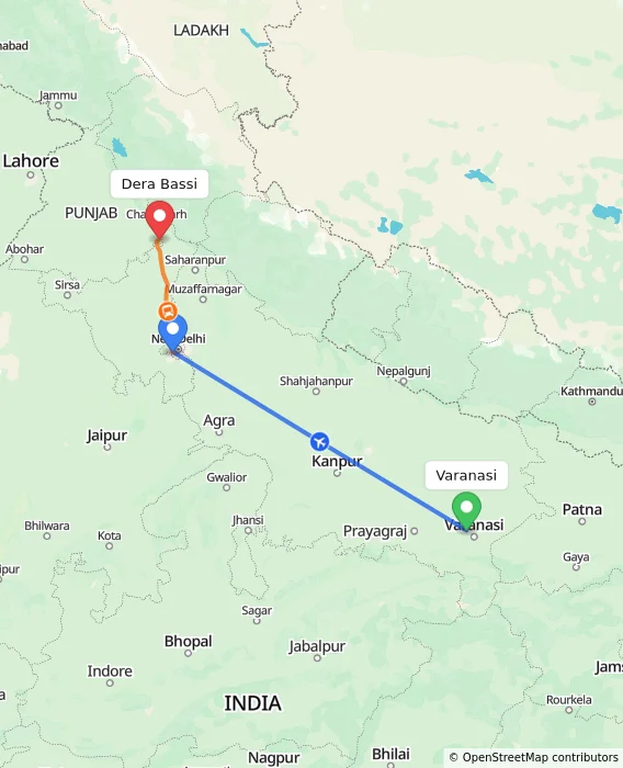 Route map showing distance and travel time from Varanasi, India to Dera Bassi, India