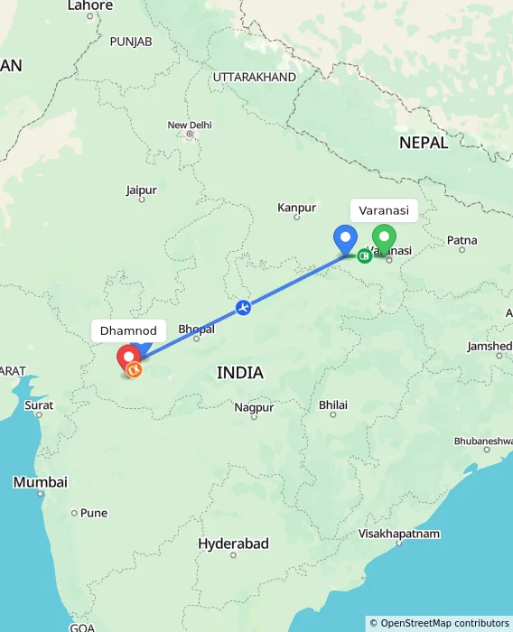 Route map showing distance and travel time from Varanasi, India to Dhamnod, India